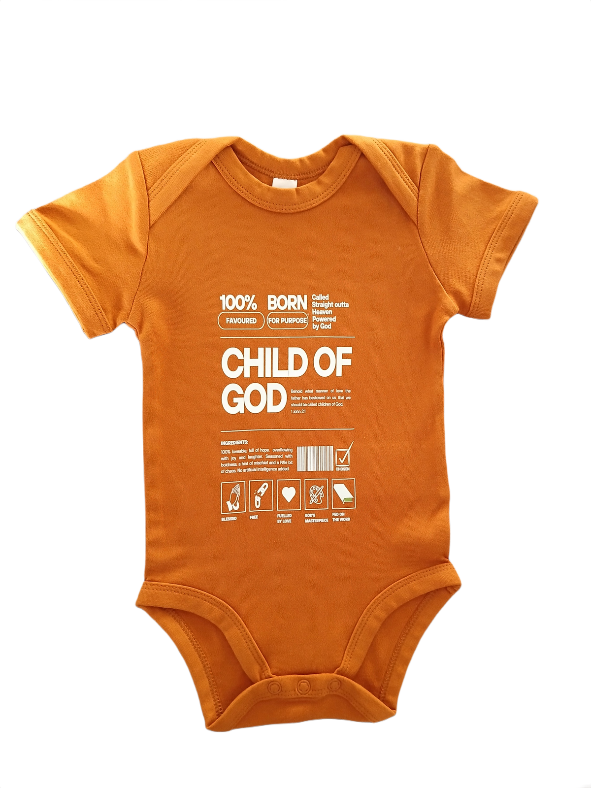 An orange short-sleeve baby bodysuit with a white graphic print on the front reading 'CHILD OF GOD' and additional text and icons.