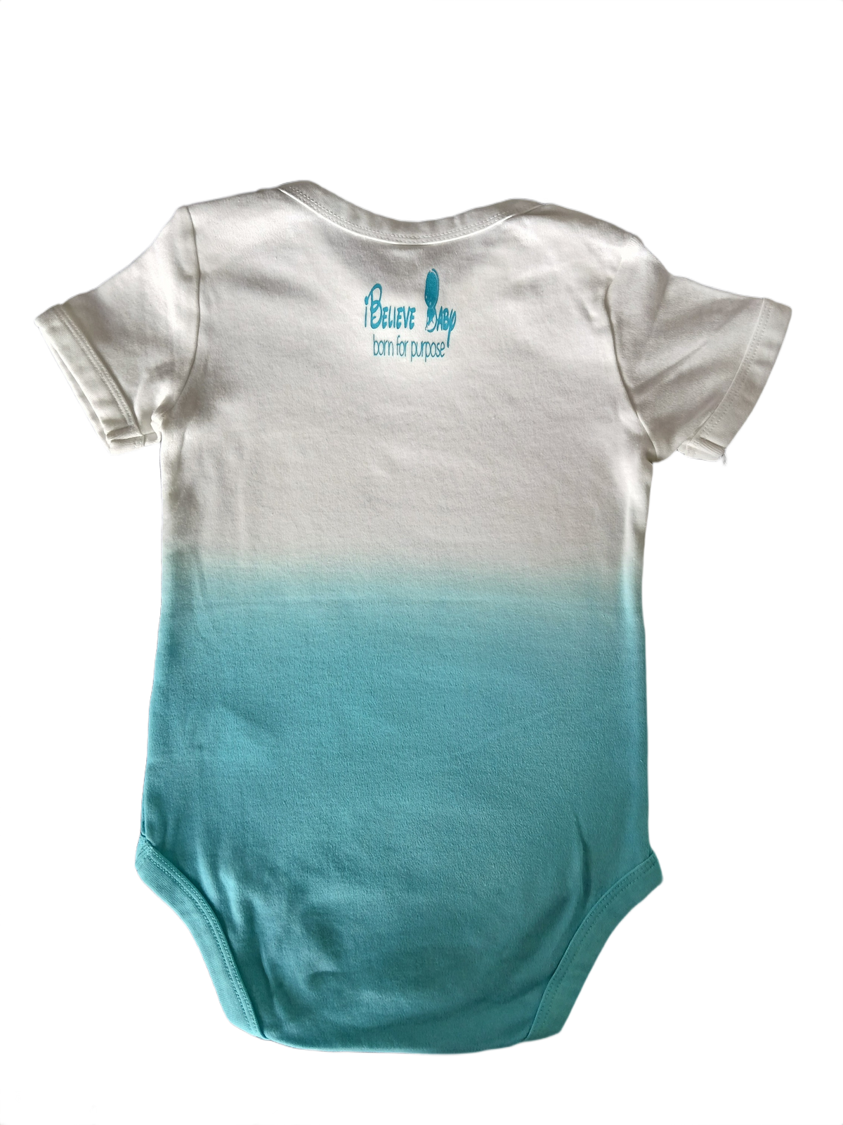 A short-sleeve baby bodysuit featuring a white-to-teal gradient design, with a blue graphic on the left chest reading 'Bare Day born to belong'.