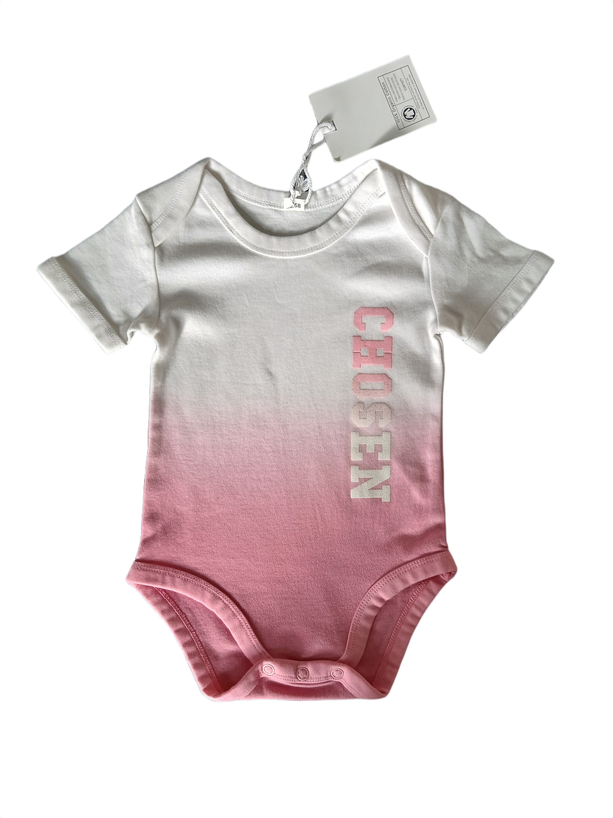 A short-sleeve baby bodysuit featuring a white-to-pink gradient, with the word 'CHOSEN' printed across the chest in pink letters. 
