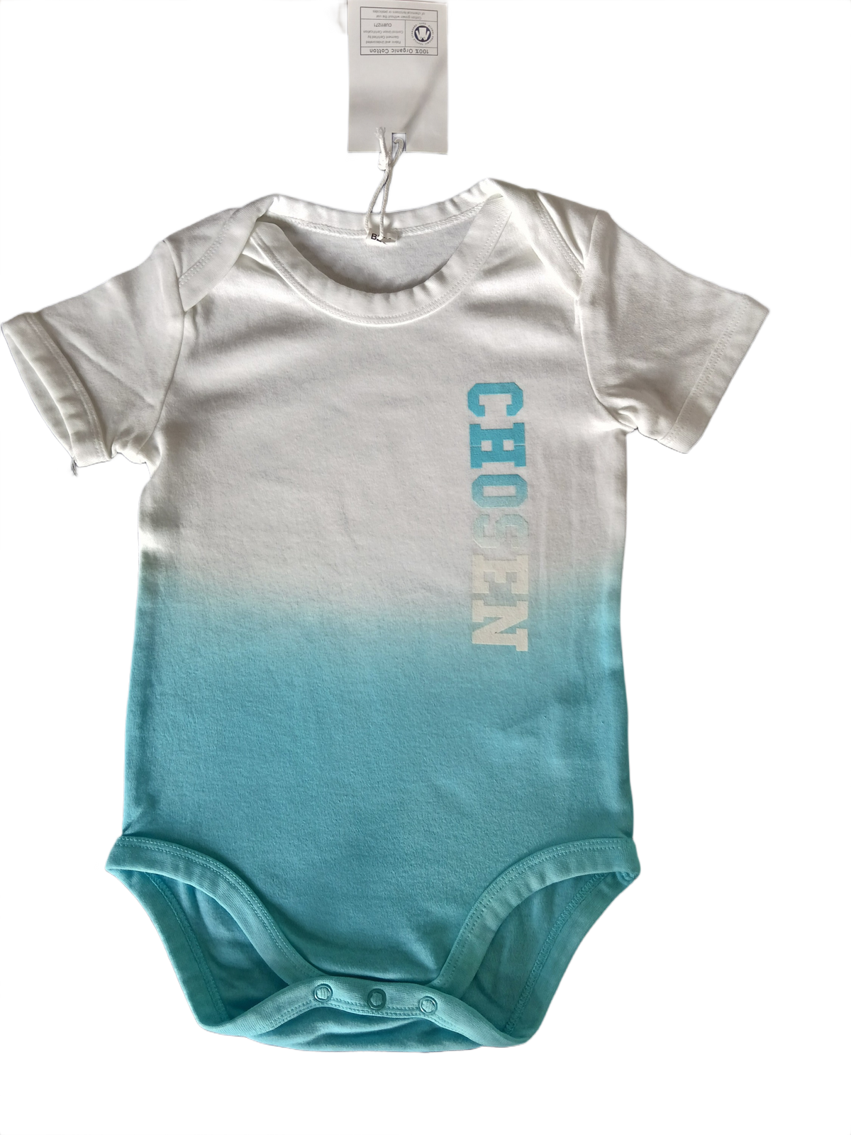 A short-sleeve baby bodysuit with a white-to-teal gradient, featuring the word 'CHOSEN' printed vertically in teal on the chest. 