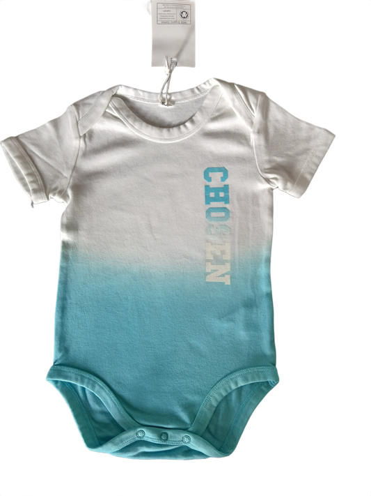 A short-sleeve baby bodysuit with a white-to-teal gradient, featuring the word 'CHOSEN' printed vertically in teal on the chest. 