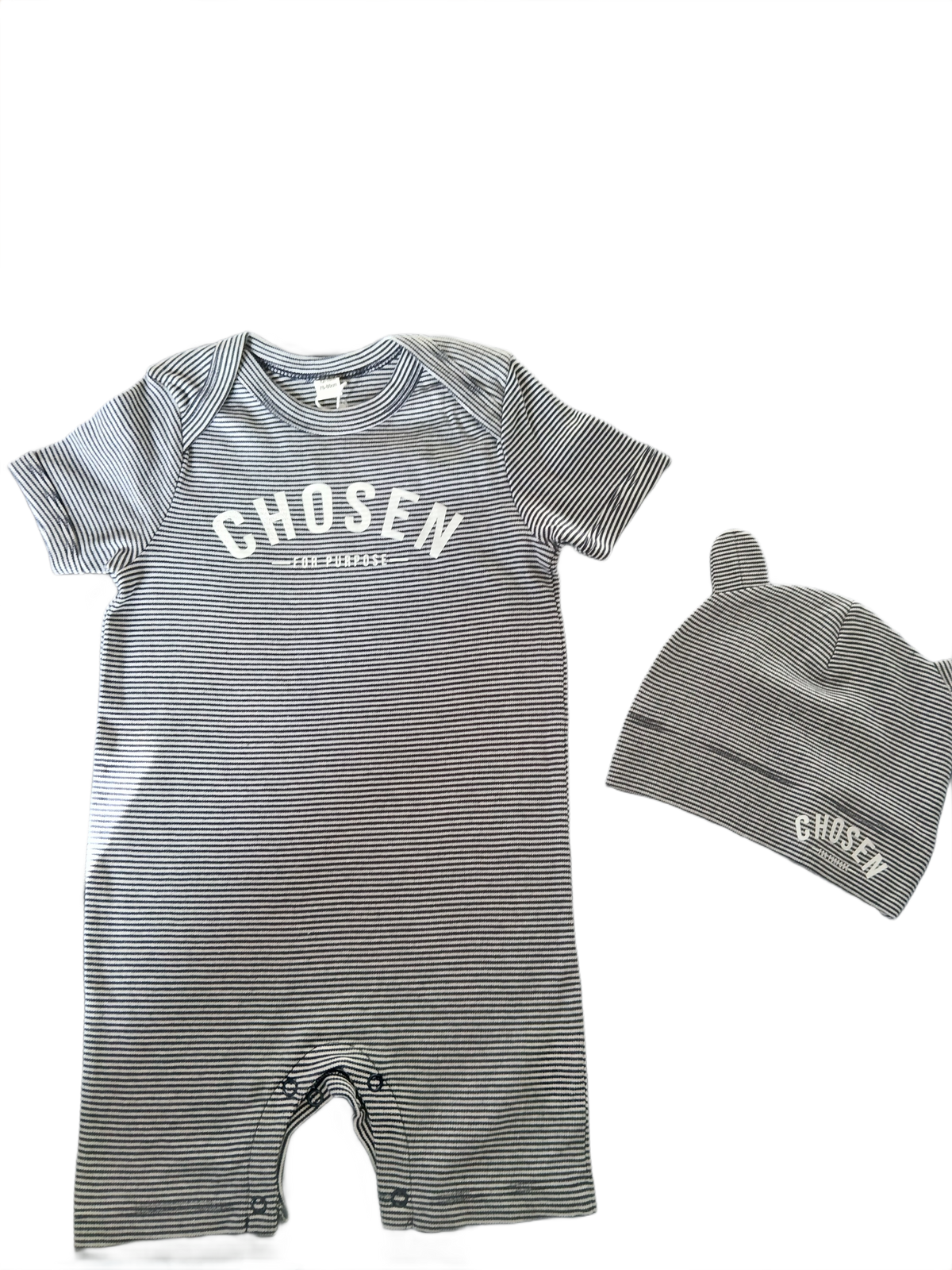 A baby clothing set featuring a short-sleeve striped romper and a matching beanie hat. The romper is gray with thin black horizontal stripes and features the brand name 'CHOSEN' printed in white on the chest.