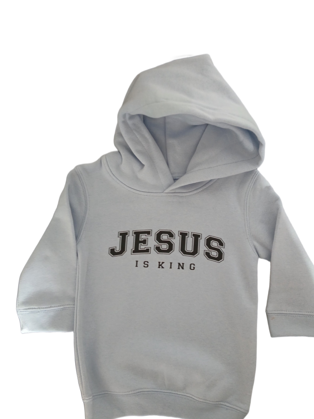 A light gray hooded sweatshirt with 'JESUS IS KING' printed in black across the chest, displayed on a clean white background.