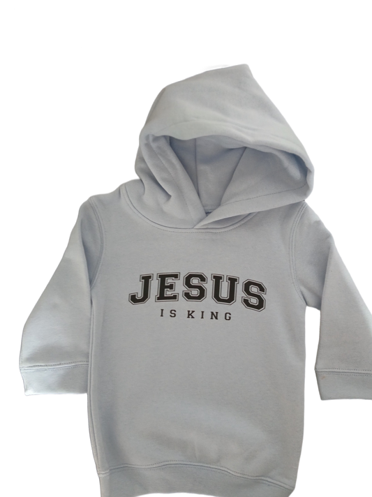 A light gray hooded sweatshirt with 'JESUS IS KING' printed in black across the chest, displayed on a clean white background.