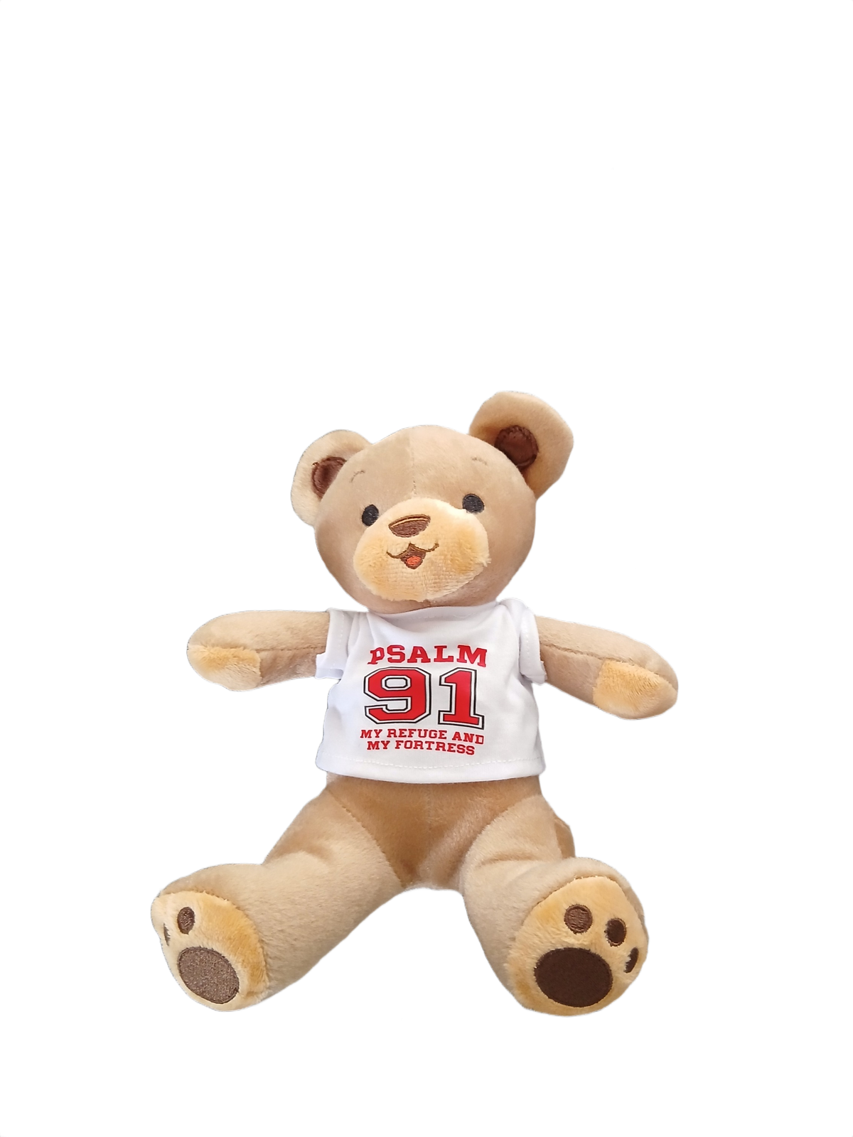 A plush teddy bear toy lying on its back, wearing a white T-shirt with red and black text that reads 'Psalm 91 My Refuge and My fortress'.